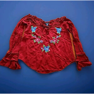 American Angel Burgundy Boho Embroidered Floral Bell Sleeve Top Size S